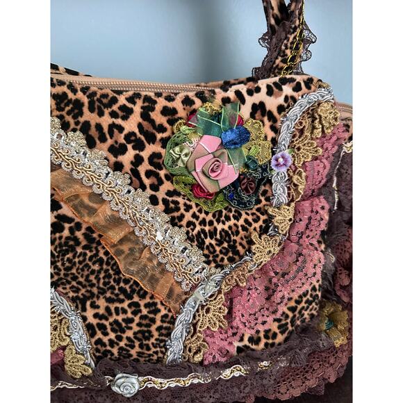 Vintage Shabby Chic Handmade Cheetah Embroidered Lace  Rose Shoulder Bag - Picture 2 of 6
